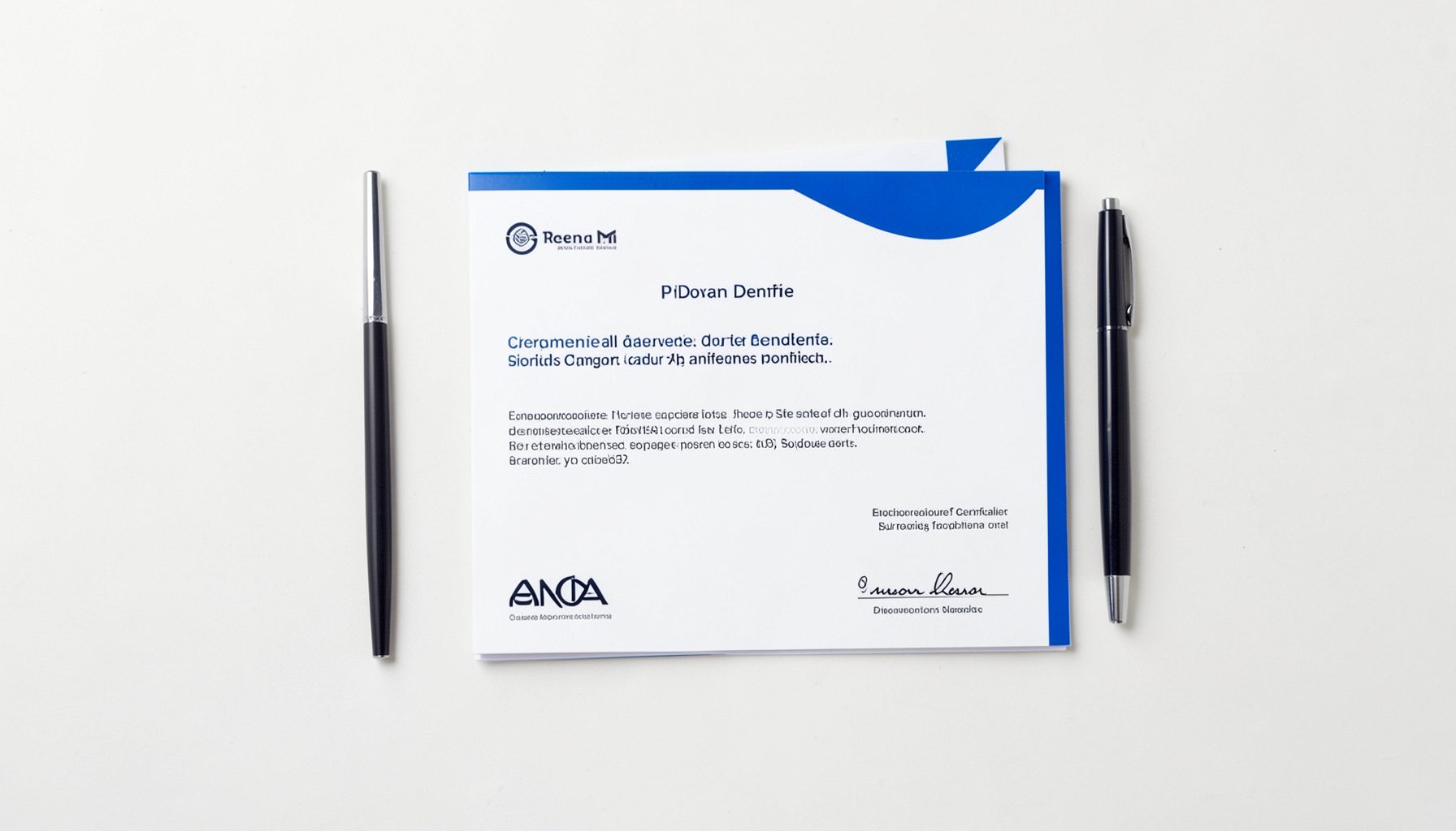 Flat-lay overhead photograph of a glossy domain certificate mockup on a white desk with a pen, predominantly white and neutral